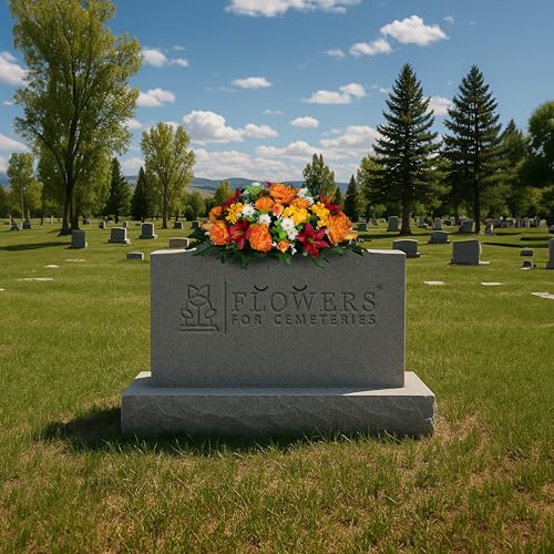 Sympathy Silks Artificial Flowers for Cemeteries - Gravesite Bouquet - Red Lily and Sunrise Peony - (1) Saddle - color: Red/Sunrise, size: (1) Headstone Saddle