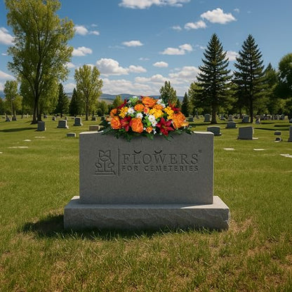 Sympathy Silks Artificial Flowers for Cemeteries - Gravesite Bouquet - Red Lily and Sunrise Peony - (1) Saddle - color: Red/Sunrise, size: (1) Headstone Saddle