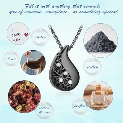 Tree of Life Teardrop Urn Necklace for Ashes Teardrop Crystal Cremation Jewelry Celtic knot Ashes Pendant Stainless Steel Keepsake Memorial Jewelry for Women Men - color: Black