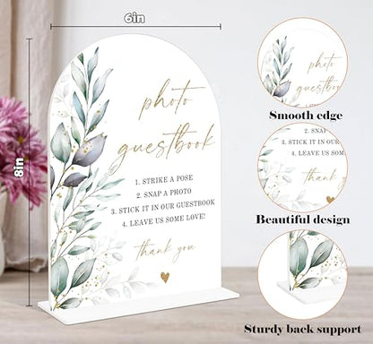 Acrylic Wedding Signs, Greenery Theme Photo Guestbook Sign, Wedding Reception Signage, Bridal Shower Table Decor with Stand, Engagement, Anniversary, Newlywed Events and Parties Supplies, 12 - color: Photo Guestbook Sign, 12