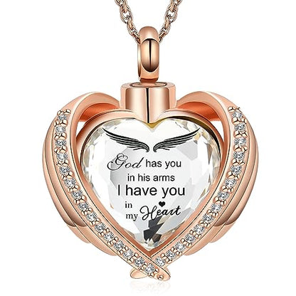 shajwo Angel Wing Heart Urn Ashes Necklace for Women Men | Cremation Jewelry,Birthstone Necklace of Loved One,Memorial Pendant for Human Pet - color: Rose Gold-White