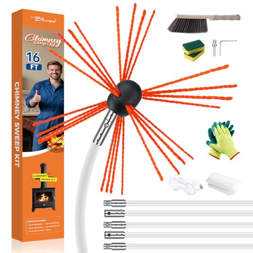 Bluesea 16 Feet Chimney Sweep Kit, Ergonomic Chimney Cleaning System with Strong Brush, Extends Up to 16 Feet, Includes 5 Flexible Chimney Rods - size: 16 feet