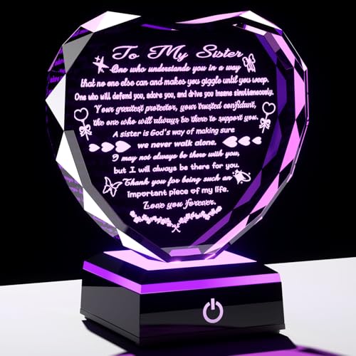 Arikyrist Sister Birthday Gifts from Sisters Brothers Crystal Heart Plaque | Adult Sister Gifts for Women, on Christmas Mothers Day Valentines Day, Sisters Keepsake, LED Light Base, Home Office - color: Sister