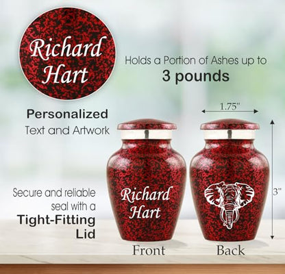 Customized Small Urns for Human Ashes Set of 4, Brown Keepsake Cremation Urns with Personalized Engraving, Guardian Elephant Design, Velvet Pouches & Gift Box