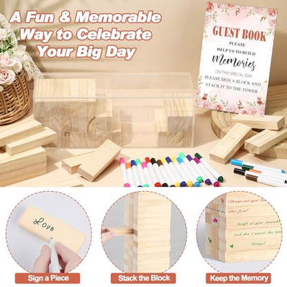 Beeveer 80 Pcs Wedding Guest Book Alternative Wooden Block Guest Book for Wedding Sign in Bridal Shower Decoration 54 Pcs Wooden Block Bridal Shower Game for Sign in, Reception(Floral) - style: Floral