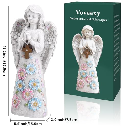 Voveexy Angel Garden Statue Outdoor Figurine, Solar Powered Garden Sculpture with 6 LEDs Resin Praying Angel Decor for Patio Lawn Yard Porch Decoration Christmas Birthday Housewarming Present 13.2” H
