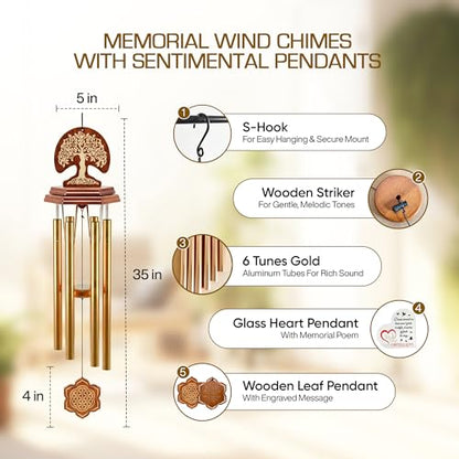 Wind Chimes for Outside Clearance, Gold Hexagon Pendant, Deep Tone 6 Aluminum Tubes & Pine Wood, Sympathy Gift for Loss of a Loved one, Letter from Heaven, Keychain, Acrylic Heart Plaque - color: Gold - Tree of Life
