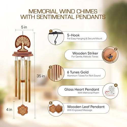 Wind Chimes for Outside Clearance, Gold Hexagon Pendant, Deep Tone 6 Aluminum Tubes & Pine Wood, Sympathy Gift for Loss of a Loved one, Letter from Heaven, Keychain, Acrylic Heart Plaque - color: Gold - Tree of Life