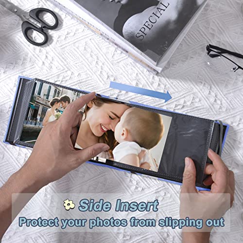 2 Pack Photo Album 4x6, 100 Pocket per Album, Horizontal (Flower) | Mini, Portable & Flexible, Easy to Classify, Linen Cover, High-clarity Pockets, Elastic Band, Family, Wedding, Gift - color: Blue + Flower
