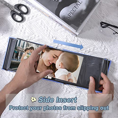 2 Pack Photo Album 4x6, 100 Pocket per Album, Horizontal (Flower) | Mini, Portable & Flexible, Easy to Classify, Linen Cover, High-clarity Pockets, Elastic Band, Family, Wedding, Gift - color: Blue + Flower