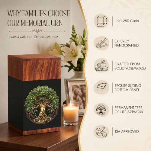 Cremation Urns for Human Ashes Adult Male Female, Wooden Tree of Life Urns for Ashes Men Women, Pets Cat Dog Urn, Large Burial Funeral Urns for Ashes, Holds Up to 250 Lbs, Full Size with Velvet Bag - size: X Large - 250 Cu/In