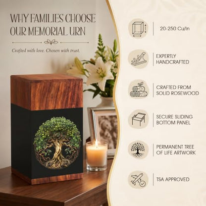 Cremation Urns for Human Ashes Adult Male Female, Wooden Tree of Life Urns for Ashes Men Women, Pets Cat Dog Urn, Large Burial Funeral Urns for Ashes, Holds Up to 250 Lbs, Full Size with Velvet Bag - size: X Large - 250 Cu/In
