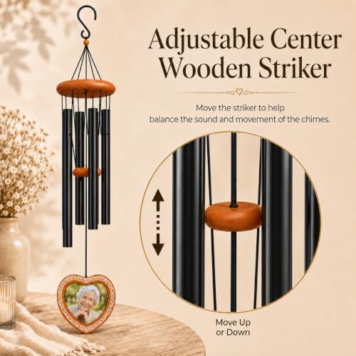 34 Inch Memorial Wind Chimes for Outside with Heart Photo Frame, Black - color: Black