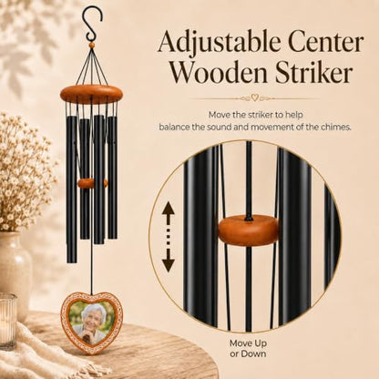 34 Inch Memorial Wind Chimes for Outside with Heart Photo Frame, Black - color: Black