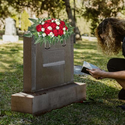 Headstone Flowers – Artificial Cemetery Flowers for Grave, Artificial Red Roses and Chrysanthemums Mixed - Easy to Install Cemetery Flowers for Grave Saddle - color: Red+white