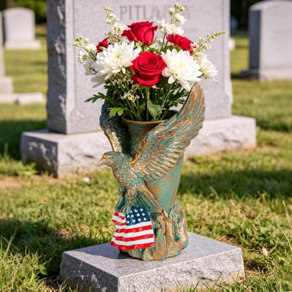 Cemetery Vase with Metal Spikes- Eagle Statue Flower Holder with Drainage Hole- Grave Flowers Vase for Artificial Flowers- Memorials Patriotic Vase for Independence Day (Eagle)