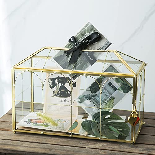 Glass Wedding Card Box with Slot, 12.6 inch Large Clear Card Box Gold Brass Gift Card Storage Box with Lock for Wedding Receptions, Baby Shower, Birthday Party, Bridal Shower - color: 12.5'' with arch