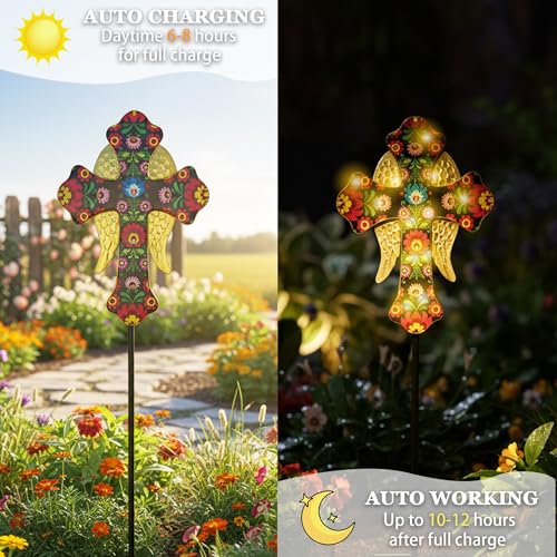 Solar Cross Lights with Angel Wings, Pink and Gold Floral Design, Memorial Garden Stake, Warm White LED, Weather Resistant, 36 Inch - color: Pink and Gold Floral