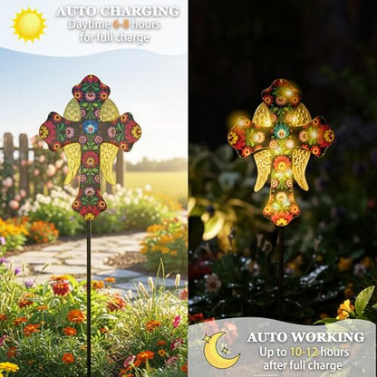 Solar Cross Lights with Angel Wings, Pink and Gold Floral Design, Memorial Garden Stake, Warm White LED, Weather Resistant, 36 Inch - color: Pink and Gold Floral