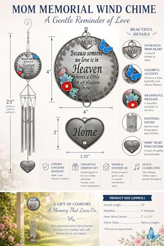 Memorial Wind Chime for Loss of Mom – Sympathy Gift for Loss of Mother, Bereavement Wind Chimes with “Because Someone We Love is in Heaven” Poem, Indoor Outdoor Remembrance Gift, 21 Inch