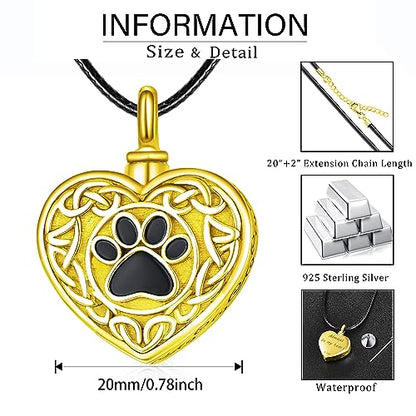 Dreamboat Pet Urn Necklace for Dog Cat Ashes 925 Sterling Silver Paw Print Cremation Keepsake Pendant Celtic Knot Memorial Jewelry Gifts for Women Men - style: 03C-Heart (Gold)
