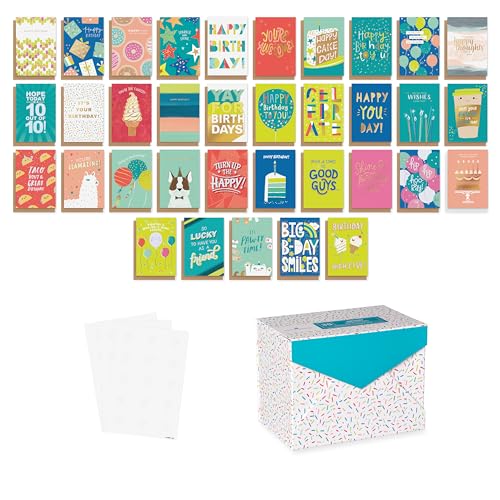 American Greetings 35-Count Birthday Card Assortment with Envelopes, Seals, and Storage Box (Confetti) - color: 35-Count Birthday Card Assortment