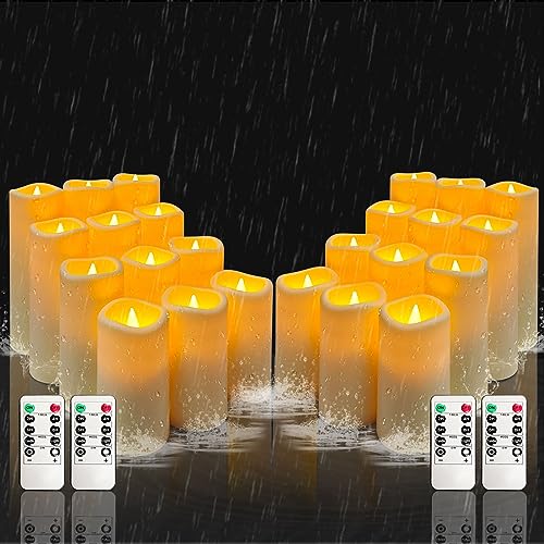 YIWER Plastic Waterproof Flameless Candles Set of 24: Battery Operated Candles Ivory Flickering Pillar Candles Include 4"/5"/6"/7" with 10-Key Remote 2/4/6/8H Timer Function - color: D2.2"-Waterproof, size: 24PCS