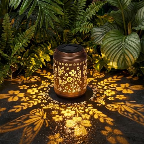 Lyeasw Garden Decor Butterfly Solar Lanterns Waterproof, Christmas Garden Gifts for Women Mom Grandma, Hanging Solar Lights for Outside, Metal Outdoor Decorations for Patio, Yard, Pathway(Bronze) - style: Butterfly