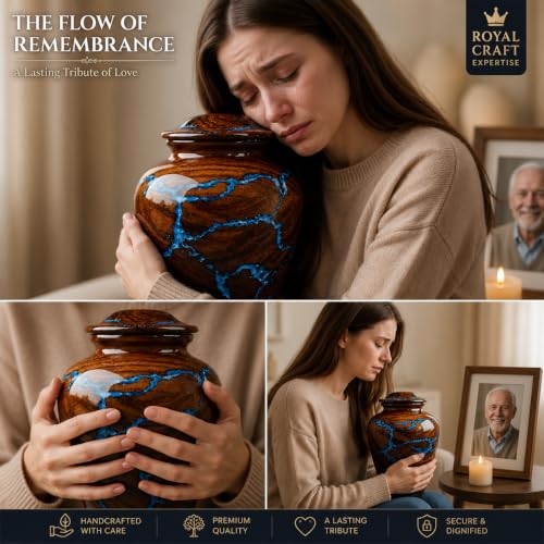Handcrafted Rosewood Cremation Urn for Human Ashes – 50 Cubic Inches Funeral Memorial Urn for Adult Women & Men, Elegant Wooden Memorial Ashes Urn with Blue Resin Inlay, Funeral Urn for Loved Ones - size: STANDARD 50 Cu inch