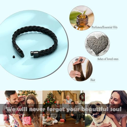 Cremation Jewelry Urn Bracelet for Ashes Men's Braided Genuine Leather Stainless Steel Memorial Cuff Bangle Braided Wristband Bracelet Keepsake Jewelry for Loved Ones with Fill Tool - color: C-Black 22cm/8.66"