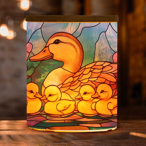 Stained Glass Ducks Tea Light Candle Holder with Bamboo Lid, Flowers Decorations Light Glass Tealight Holder, LED Candle Tealight Jar for Birthday,Wedding,Home Decor - color: Mother Duck and Ducklings