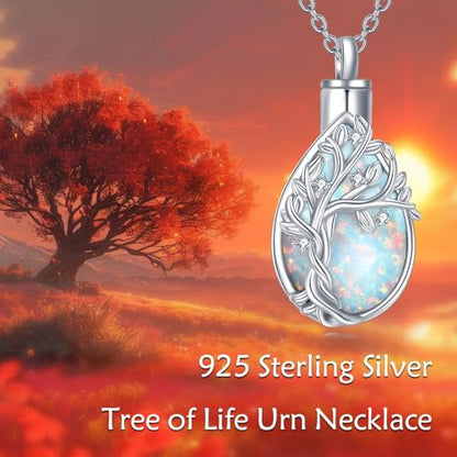 Diamond Tree of Life Urn Necklace for Ashes 925 Sterling Silver Family Tree of Life Cremation with Funnel Filler Ash Holder Keepsake Memorial Jewelry Gifts for Women,18+2 inch - style: Style 1-White Opal