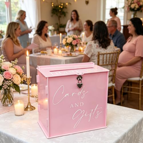 Acrylic Card Box with Lock & Slot, Macaron Pink Money Gift Card Box for Baby Shower Reception, Cash Envelope Box for Quinceanera Graduation Bridal Shower Wedding & Anniversary Party Supplies - color: Macaron Pink