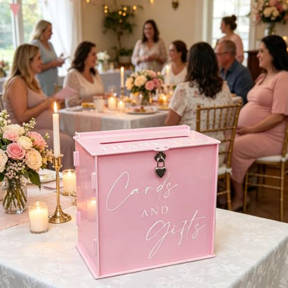 Acrylic Card Box with Lock & Slot, Macaron Pink Money Gift Card Box for Baby Shower Reception, Cash Envelope Box for Quinceanera Graduation Bridal Shower Wedding & Anniversary Party Supplies - color: Macaron Pink