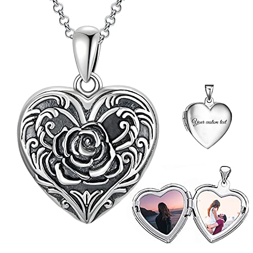 SOULMEET Sunflower/Rose/Daisy Heart Locket Necklace That Holds Pictures Keep Someone Near to You Sterling Silver/Gold Personalized Photo Locket Gift - style: A-Rose locket+photo+text