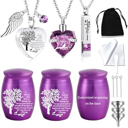 Weikui Cremation Urn Necklace Set of 6 - Small Stainless Steel Urns for Human/Pet Ashes - Keepsake Sharing Urns - Memorial Ashes Holder - Life Tree Pattern - Purple Customized - color: 6pcs-purple Customized