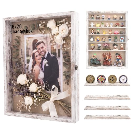 16x20 Wooden Shadow Box Frame with Removable Shelves Deep Display Case for Military Medals Keepsakes White - color: White, size: 16x20