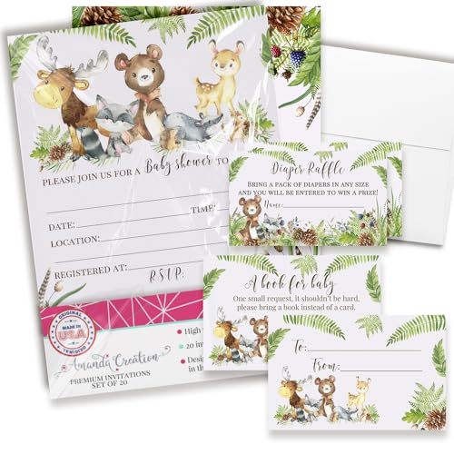 Baby Shower Invites Gender Neutral – Watercolor Woodland Baby Shower Invitation Bundle with Diaper Raffle Tickets, Book Request Cards & Envelopes. Set of 20 5X7 Woodland Creatures Invitation Kit Sets for Boy or Girl - style: Woodland Creatures