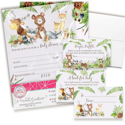 Baby Shower Invites Gender Neutral – Watercolor Woodland Baby Shower Invitation Bundle with Diaper Raffle Tickets, Book Request Cards & Envelopes. Set of 20 5X7 Woodland Creatures Invitation Kit Sets for Boy or Girl - style: Woodland Creatures