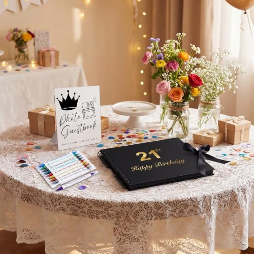 AmazingSpark Birthday Guest Book Set Memory Photo Guest Book Black Gold Decoration Birthday Gift for Men Women Wood Signature Photoprop Party Supply Sign Picture Album for Party Event (21 st) - size: 21 st