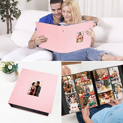 Aevdor Large Capacity 4x6 Photo Album, 1000 Photos, Linen Cover, Pink | Black Inner Pages, 3 Horizontal and 2 Vertical Pockets per Side, Front Photo Window, Family, Wedding & Travel Memories - color: Pink