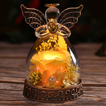 Preserved Real Rose in Glass Angel Figurine with LED Light, Angel Gifts for Women, Mom, Grandma on Mother's Day Christmas Birthday (Yellow) - color: Yellow