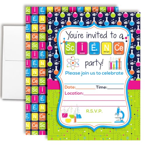 Mad Science Theme Kids Birthday Party 20 Invitations 5x7 Fill-In Cards with Envelopes, Experiment Fun Educational Lab Design for Children Celebration, Made in USA by Amanda Creation - style: Science
