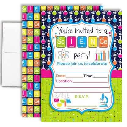 Mad Science Theme Kids Birthday Party 20 Invitations 5x7 Fill-In Cards with Envelopes, Experiment Fun Educational Lab Design for Children Celebration, Made in USA by Amanda Creation - style: Science