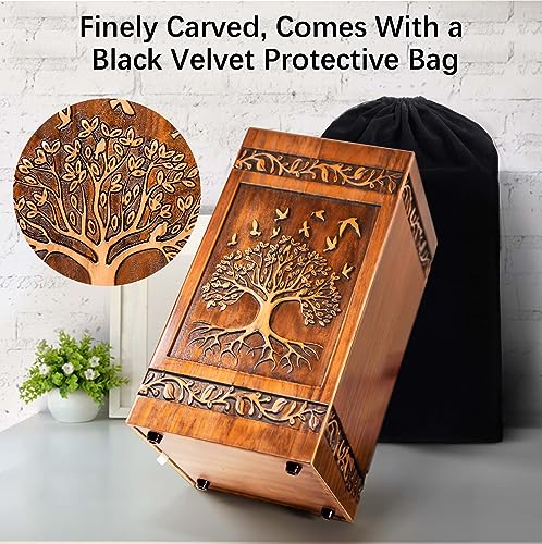 Wooden Cremation Urn for Human Ashes Adult Male Female 250 lbs, Engraved Tree of Life Decorative Funeral Urns Box and Casket for Ashes Men Women with Satin Bag Burial or Memorial(Tree of Life)