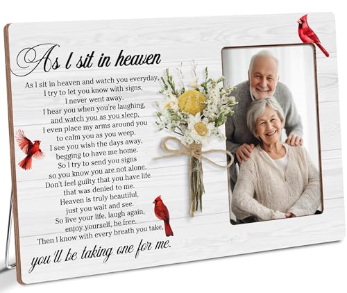 Memorial Bereavement Floral Wooden Picture Frame Gifts for Loss of Loved One, As I Sit In Heaven Cardinal Gifts, Fits 4x6 Photo Frame - color: White-heaven