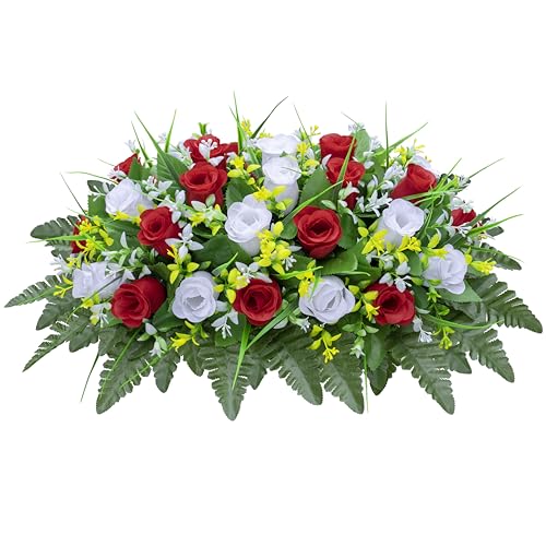 LVXINLI Artificial Cemetery Flowers Saddle-Shaped Tombstone Decorations Non-Fading UV-Resistant （Red and White Saddle - color: Red and White Saddle