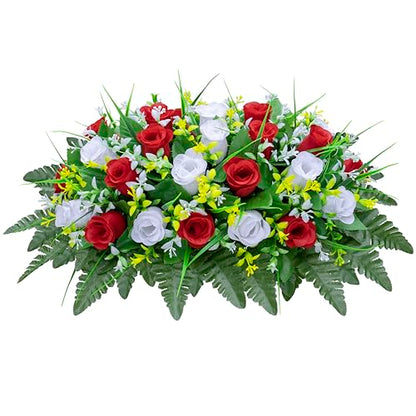 LVXINLI Artificial Cemetery Flowers Saddle-Shaped Tombstone Decorations Non-Fading UV-Resistant （Red and White Saddle - color: Red and White Saddle