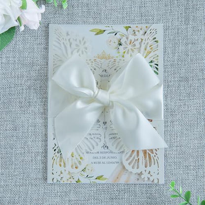 20 PCS Ivory Butterfly Quinceanera Invitation, Laser Cut Invitation Cards | 5.12x7.2" light Gold Glitter Butterfly Quinceanera Invitation with Envelopes for XV Anos Bridal Shower Baby Shower Invite - color: Ivory