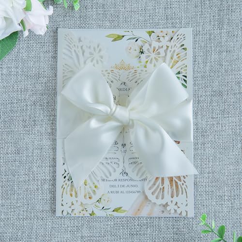20 PCS Ivory Butterfly Quinceanera Invitation, Laser Cut Invitation Cards | 5.12x7.2" light Gold Glitter Butterfly Quinceanera Invitation with Envelopes for XV Anos Bridal Shower Baby Shower Invite - color: Ivory